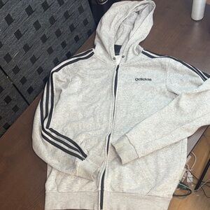 adidas Light Gray Hooded Zip Jacket with Black Stripes men’s small